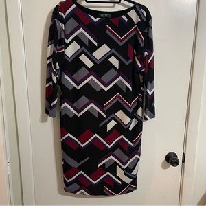 Lauren Ralph Lauren 3/4 Sleeve Geometric Dress - Black,Maroon,Gray Knee Length